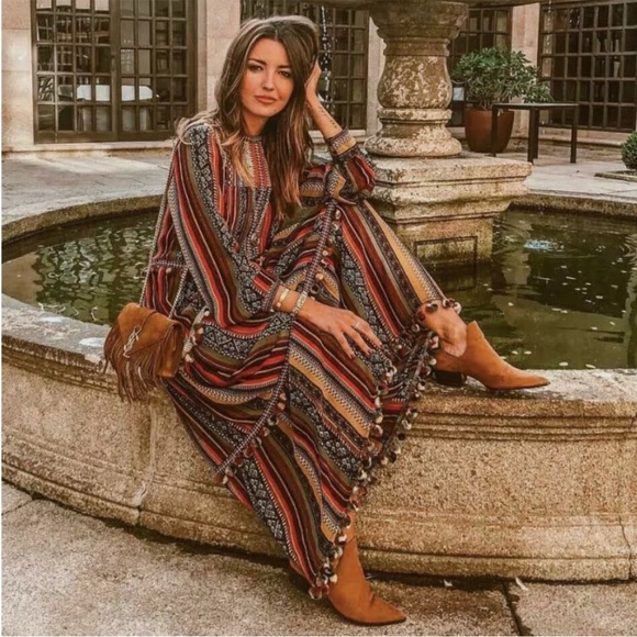Zara Dresses & Skirts - ZARA Women’s Boho Striped Halle Berry Pompom Tiered Midi Dress 6895/264 small
